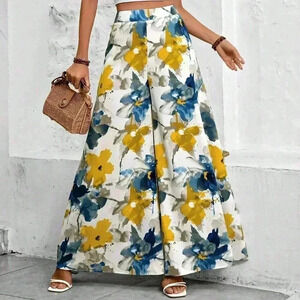 White Boho Women's Floral Print Super Wide-Leg Pants